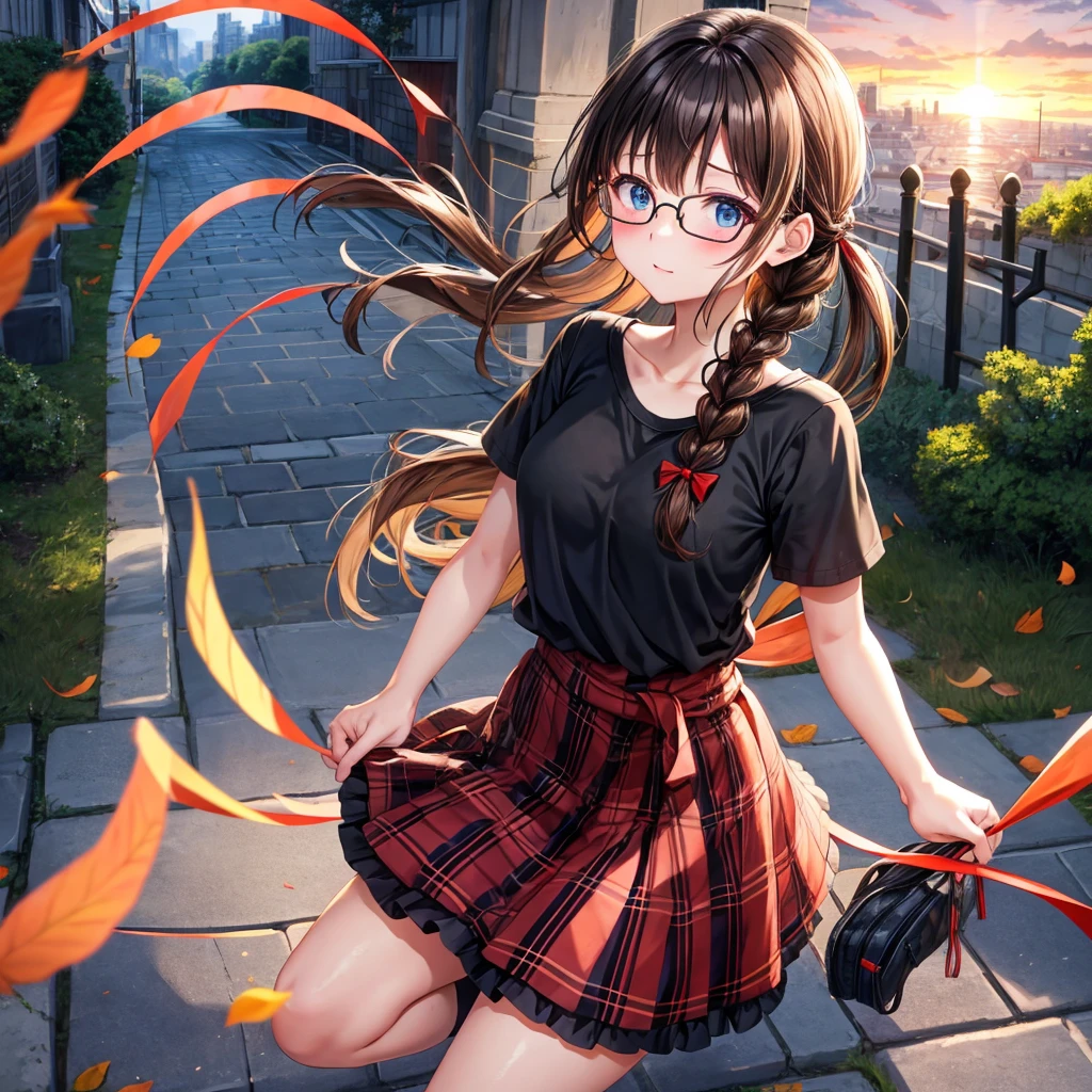 black brown hair、Red-blonde、blue eyes、Braid、one good looking girl、solo、anime、Plaid miniskirt、camisole、black t-shirt、Tilting your face、Doing the ribbon、Ribbon at waist、sunset sky、stone stairs、petal、tunnel、Fallen leaves、wearing glasses、、Riding a bicycle、Burning、Have an insect net、Light and shadow、maze