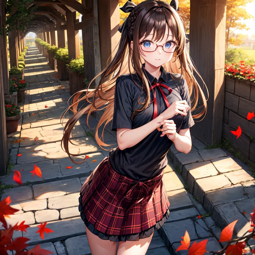 black brown hair、Red-blonde、blue eyes、Braid、one good looking girl、solo、anime、Plaid miniskirt、camisole、black t-shirt、Tilting your face、Doing the ribbon、Ribbon at waist、sunset sky、stone stairs、petal、tunnel、Fallen leaves、wearing glasses、、Riding a bicycle、Burning、Have an insect net、Light and shadow、maze