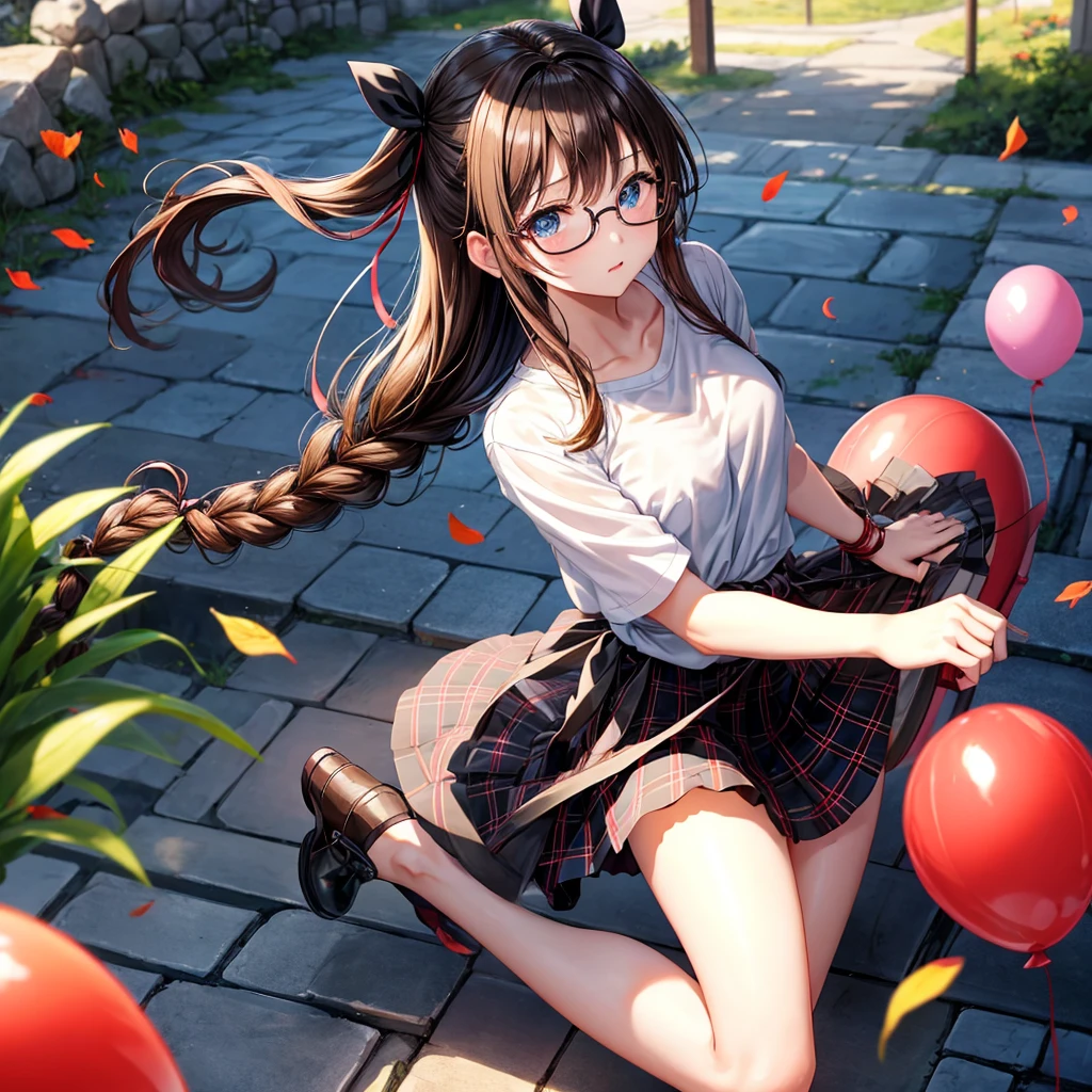 black brown hair、Red-blonde、blue eyes、Braid、one good looking girl、solo、anime、Plaid miniskirt、camisole、black t-shirt、Tilting your face、Doing the ribbon、Ribbon at waist、sunset sky、stone stairs、petal、tunnel、Fallen leaves、wearing glasses、、Riding a bicycle、Burning、Have an insect net、Light and shadow、maze、balloon