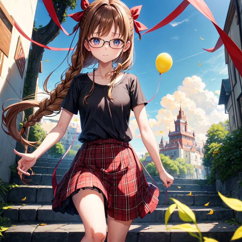 black brown hair、Red-blonde、blue eyes、Braid、one good looking girl、solo、anime、Plaid miniskirt、camisole、black t-shirt、Tilting your face、Doing the ribbon、Ribbon at waist、sunset sky、stone stairs、petal、tunnel、Fallen leaves、wearing glasses、、Riding a bicycle、Burning、Have an insect net、Light and shadow、maze、balloon