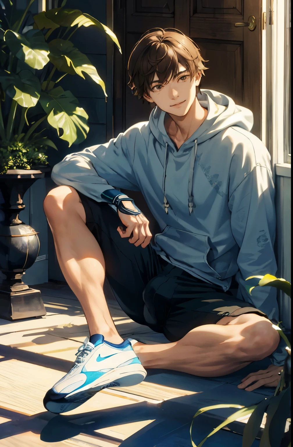 masterpiece, solo, best quality, 1 male, adult, tall muscular, handsome, finely detailed eyes, intricate details, casual clothes, oversized hood, shorts, tennis shoes, messy brown hair, mid length hair, complex pattern, best light and shadow, background is inside of house, sitting, dappled sunlight, day, depth of field, plants, summer, colorful, artistic, depth of field, smile, closed mouth