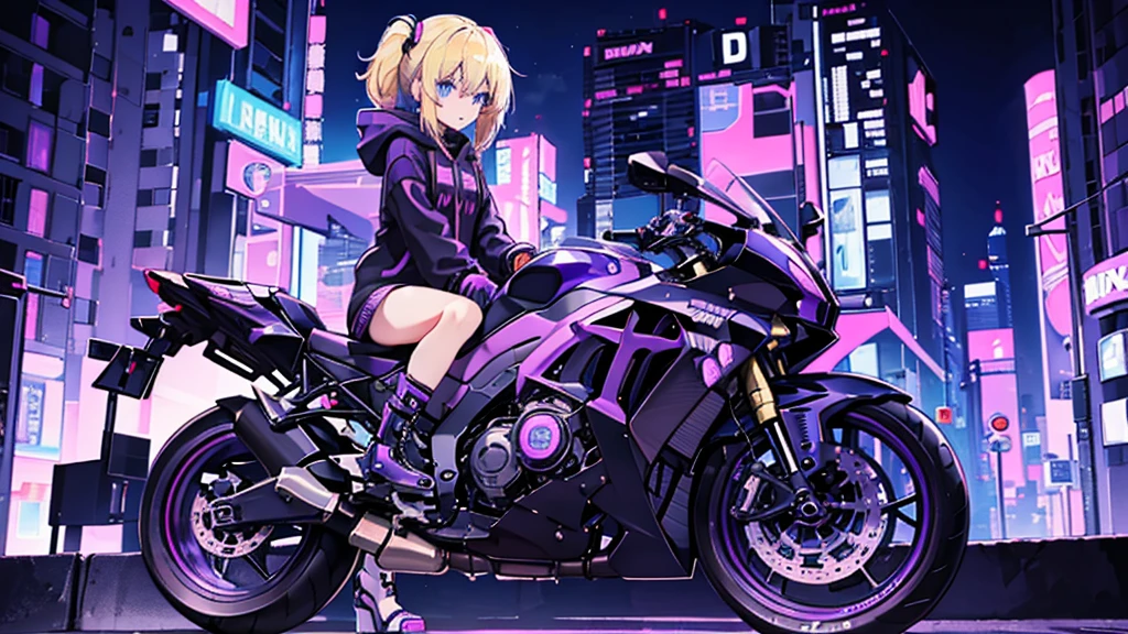 (1 girl, blonde hair, blue eyes, black hoodie, kawaii), (purple sport bike), (purple cyberpunk, night city, purple neon)