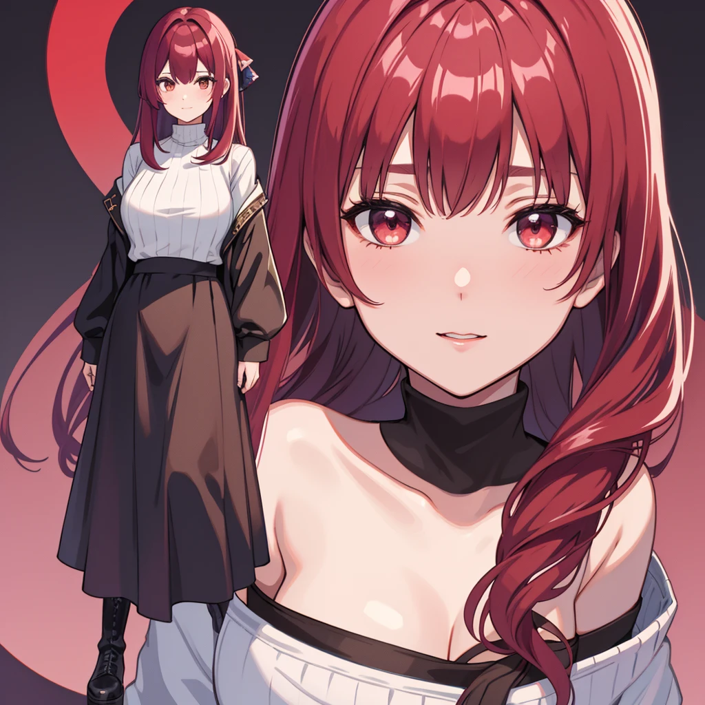 woman、full body shot、blank background、long skirt、Navy turtleneck sweater、looking here、Red hair、have bangs、red ribbon in hair、black boots、Added a close-up illustration of the face to the side、Draw eyes most accurately,Only the face and hairstyle are Hosho Marine