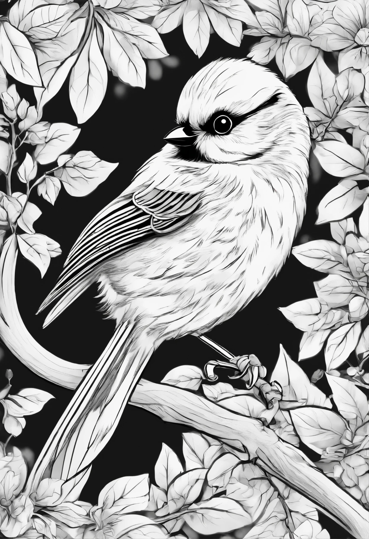 Generate black and white coloring pages of cute cartoon-style Long-tailed Tit no color with low detail, no shading, no shadows, no background, and no borders.