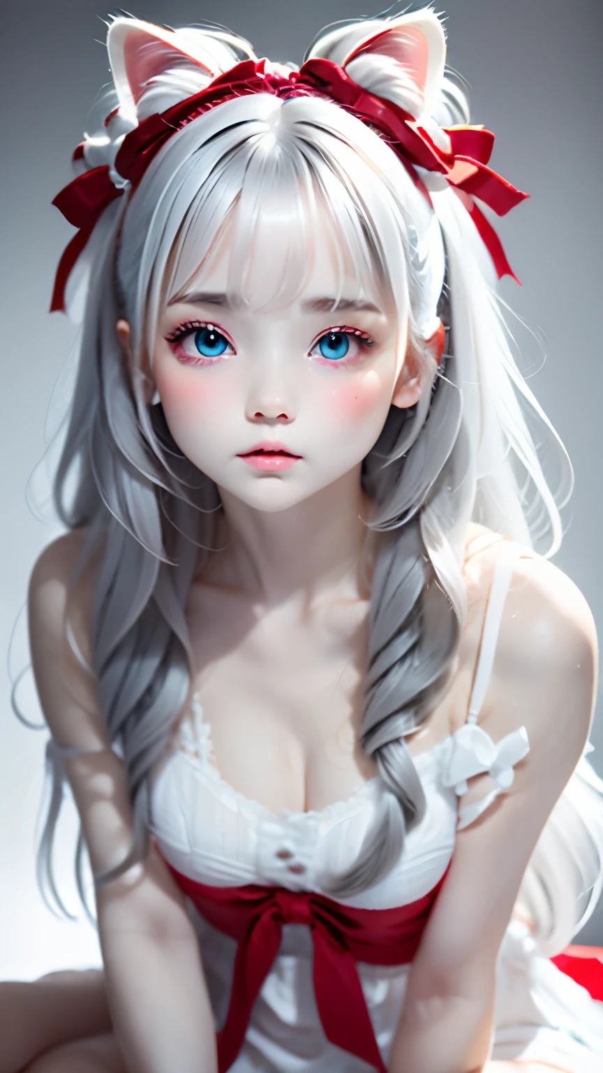 one girl、Gradient hair that changes from red to white、Big ribbon hair ornament、Very cute、Calico cat at my feet、gray simple background、An ennui look