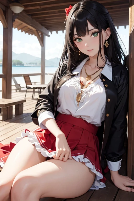 green eyes、Gypsy with black hair, White blouse with gold medal and red skirt with ruffles, seashell necklace.