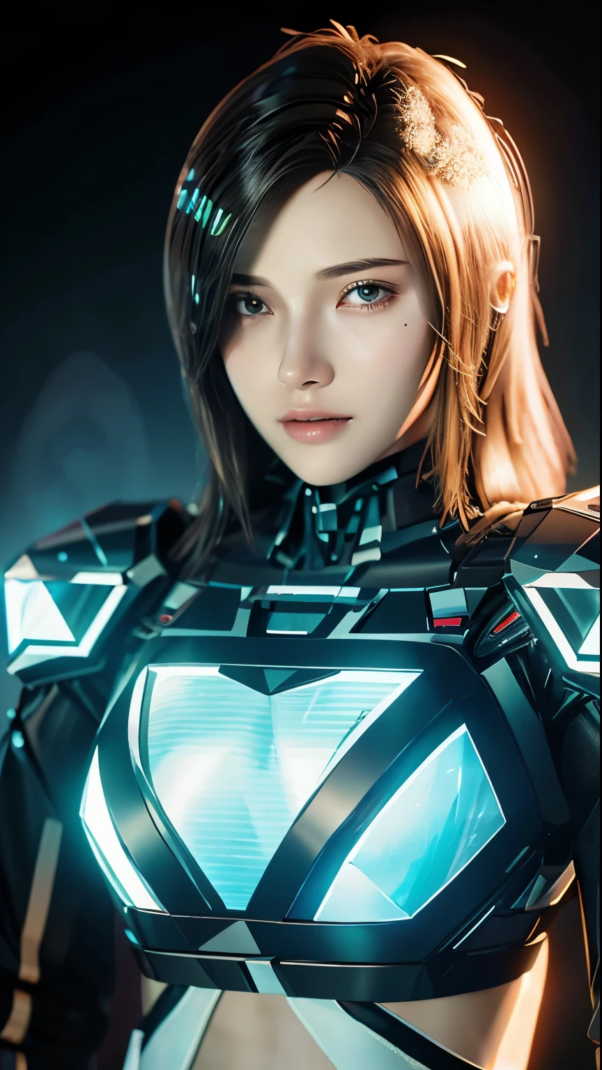 ((highest quality)), ((masterpiece)), (very detailed:1.3), 3D, beautiful (cyber punk:1.3) Female hacker with short brown hair poses for photo, (A thin cyber suit that fits perfectly to your body:1.4)　computer servers, LCD Screen, fiber optic cable, HDR (high dynamic range), ray tracing, NVIDIA RTX, super resolution, unreal 5, Scattered beneath the surface, PBR texturing, Post-processing, anisotropic filtering, Depth of bounds written, maximum clarity and sharpness,  multilayer texture, Albedo and specular maps, surface shading, Accurate simulation of light-matter interactions, perfect proportions, octane rendering, two-tone lighting, Low ISO, White balance, Rule of thirds, wide caliber, 8K students, efficient subpixel, subpixel convolution, luminescent particles