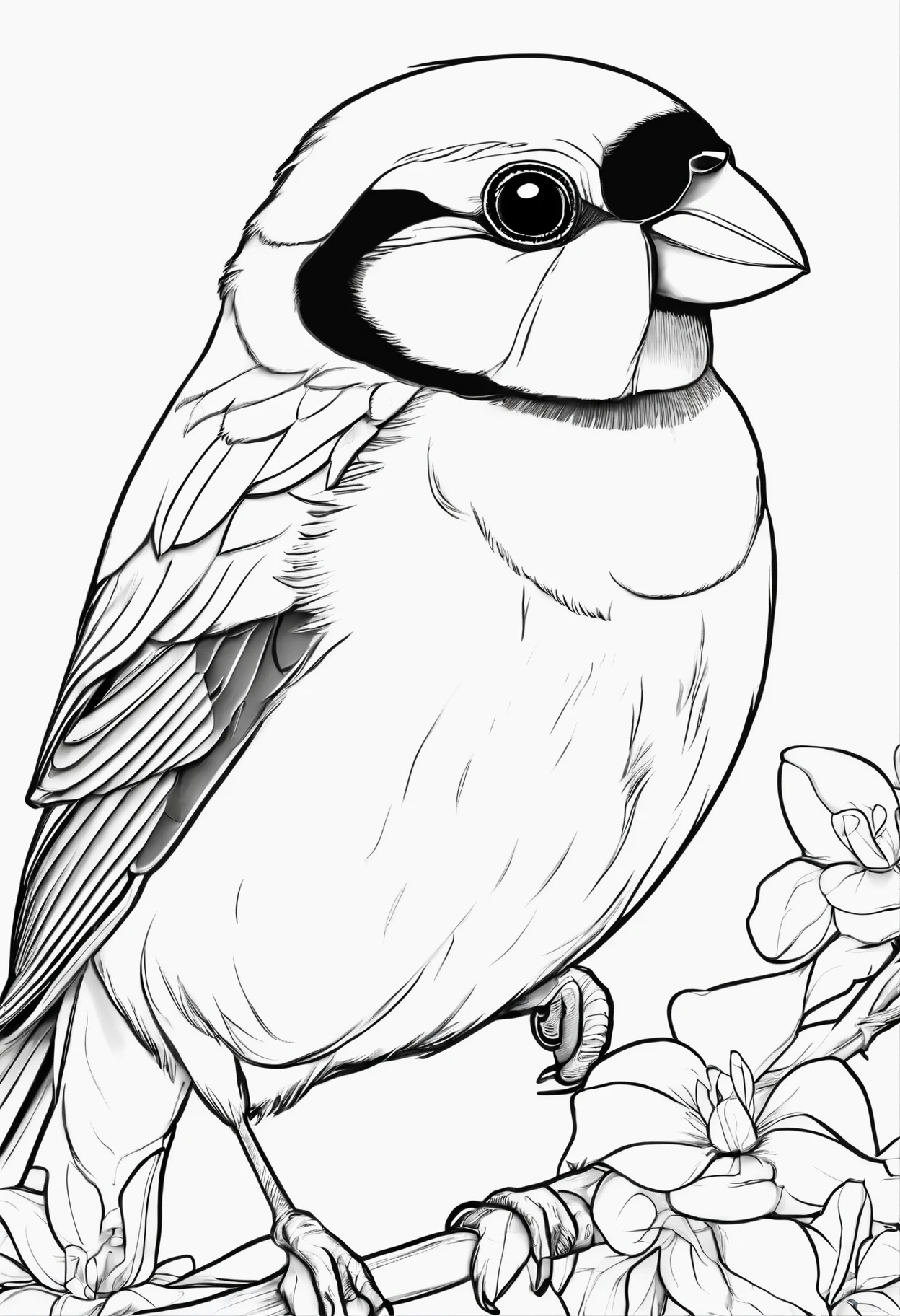Generate black and white coloring pages of cute cartoon-style Gouldian Finch no color with low detail, no shading, no shadows, no background, and no borders.