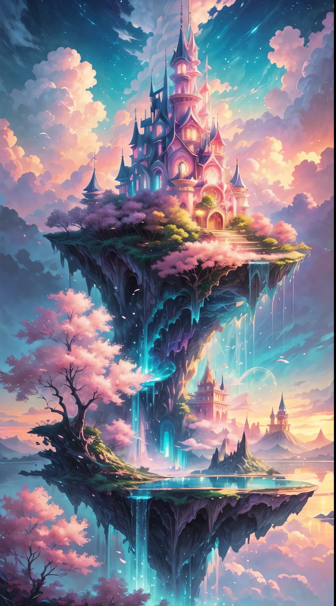 Envision a mesmerizing scene of a magnificent realm of romantic dreams. The environment is filled with intricate floating islands, fluffy clouds, waterfalls cascading from the floating islands, and a vibrant, surreal atmosphere. The atmosphere is filled with a sense of wonder and tranquility. Include many shades of pink in the image along with other vibrant jewel-toned hues. This scene will be depicted in an anime-style illustration, with soft lines, pastel colors, and a whimsical touch. All buildings are extremely detailed and elegant. The artwork will capture the ethereal beauty and tranquility of the dreamlike realm, creating a sense of harmony and escape from the ordinary world. Include teal water, colorful watercolor skies, glowing elements, and many small fantasy details including iridescence, expertly created majestic landscapes, and shimmer and glimmer. Above all else, this should look like a fantasy artwork.