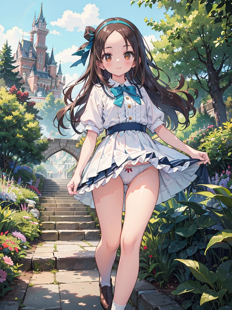 photo realistic, (masterpiece,best quality:1.4),(8k,raw photo,photo realistic:1.2), detailed skin, detailed face,1girl, idol, cute face, , Not Safe for Work, (raw photo, photo realistic: 1.2),
Pleated Mini Skirt, ((Long hairr)), light brown hair, brown eyes, ((White Underwear)), straight hair, (((Forehead raise))), little girlld, petite, cute, happy, medium breasts, small nipp-les, ((White frilled panties)), (girly running), (hairband), white frilled ankle socks, loafers,
yumekawa,yumekawaii,pastel color,(wonderland garden:1.3),rainbow waterfall,dripping ink,imagination,(Castle:1.4),