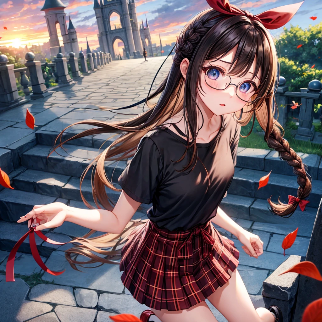 black brown hair、Red-blonde、blue eyes、Braid、one good looking girl、solo、anime、Plaid miniskirt、camisole、black t-shirt、Tilting your face、Doing the ribbon、Ribbon at waist、sunset sky、stone stairs、petal、tunnel、Fallen leaves、wearing glasses、、Burning、Have an insect net、Light and shadow、maze、balloon、monster castle