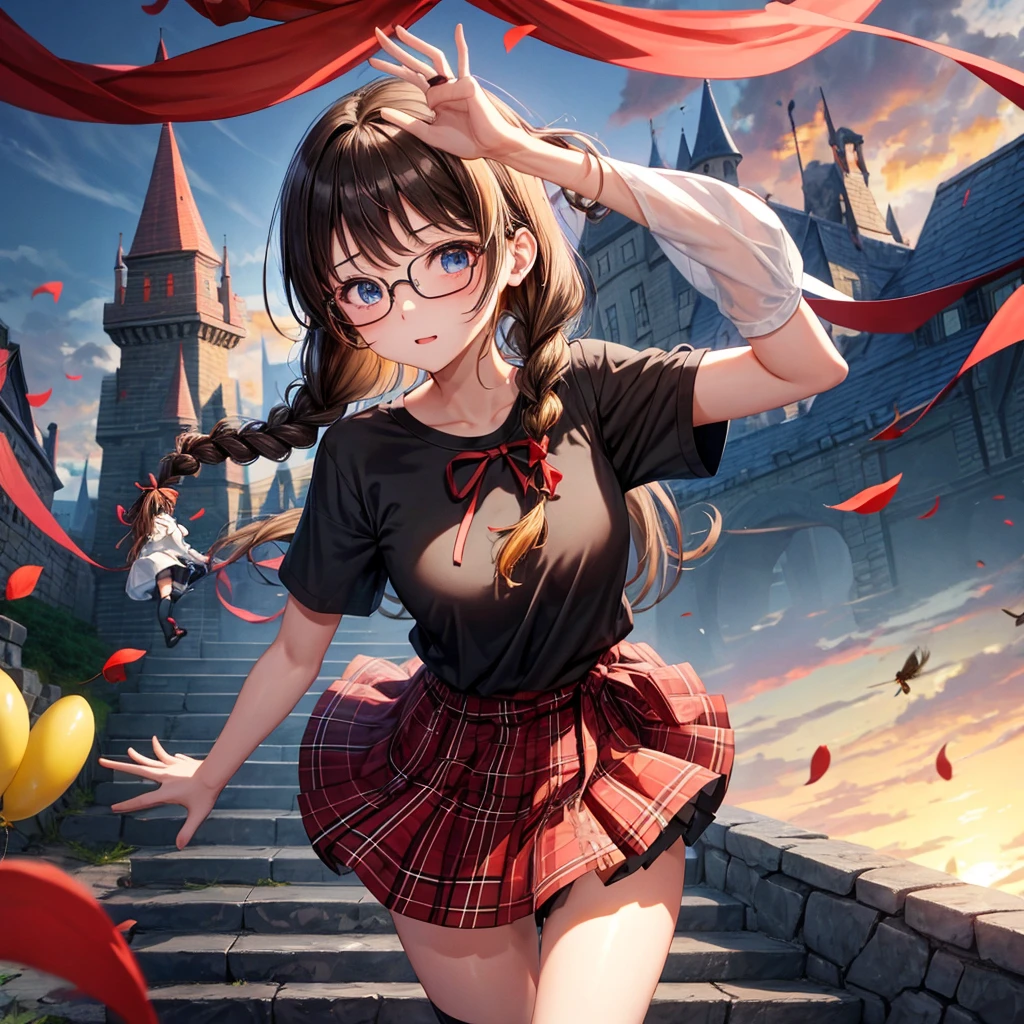 black brown hair、Red-blonde、blue eyes、Braid、one good looking girl、solo、anime、Plaid miniskirt、camisole、black t-shirt、Tilting your face、Doing the ribbon、Ribbon at waist、sunset sky、stone stairs、petal、tunnel、Fallen leaves、wearing glasses、、Burning、Have an insect net、Light and shadow、maze、balloon、monster castle