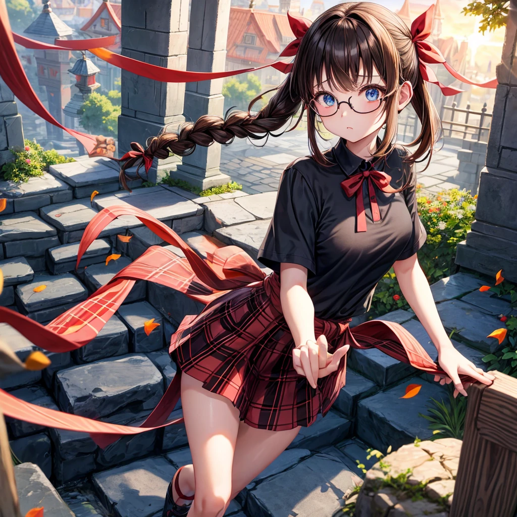 black brown hair、Red-blonde、blue eyes、Braid、one good looking girl、solo、anime、Plaid miniskirt、camisole、black t-shirt、Tilting your face、Doing the ribbon、Ribbon at waist、sunset sky、stone stairs、petal、tunnel、Fallen leaves、wearing glasses、、Burning、Have an insect net、Light and shadow、maze、balloon、monster castle