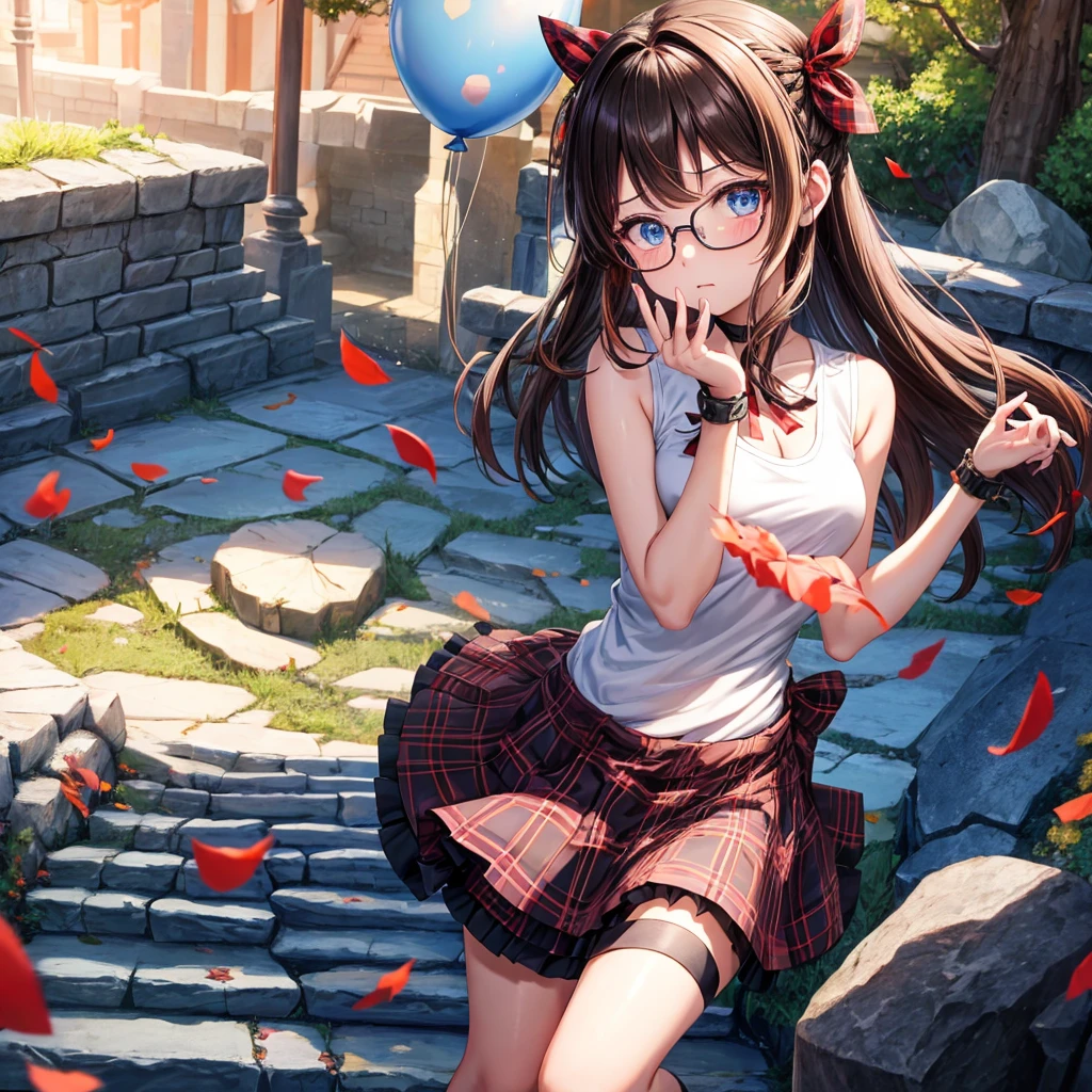 black brown hair、Red-blonde、blue eyes、Braid、one good looking girl、solo、anime、Plaid miniskirt、camisole、black t-shirt、Tilting your face、Doing the ribbon、Ribbon at waist、sunset sky、stone stairs、petal、tunnel、Fallen leaves、wearing glasses、、Burning、Have an insect net、Light and shadow、maze、balloon、monster castle