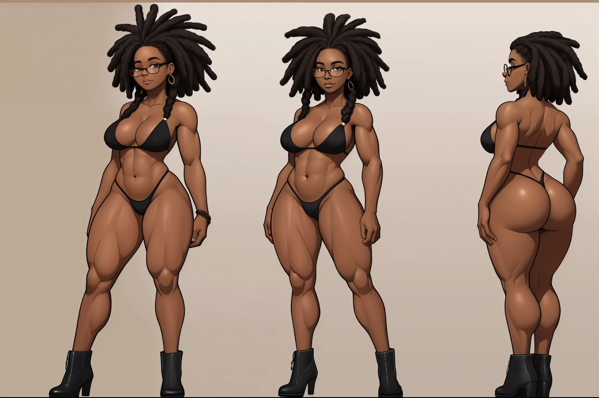 ((Style 20 year old black woman with glasses , com ,big vagina Art Vista de Corpo Inteiro, plano completo, Vista poses frontal,  de personagem,  views and points of view, um personagem, corpo inteiro, personagem com menos, estilo de roupa, no mesmo Estilo de cabelo, less Type of footwear, FORTE )):: ((full body view, plano completo, Vista  design de personagem,  views views, de um personagem, corpo inteiro,, personagem com menos, estilo de roupa, no mesmo Estilo de cabelo, less Type of footwear)):: Uma mulher Moreno de uma mulher  seios ,  cabelo afro caindo para a frente, Tipo Rasta, but braided, com belos seios corpo perfeito com , a wide thigh is a beautiful woman, com seios lindos corpo perfeito, uma coxa larga, um destino com ,sexual expression, erotismo
