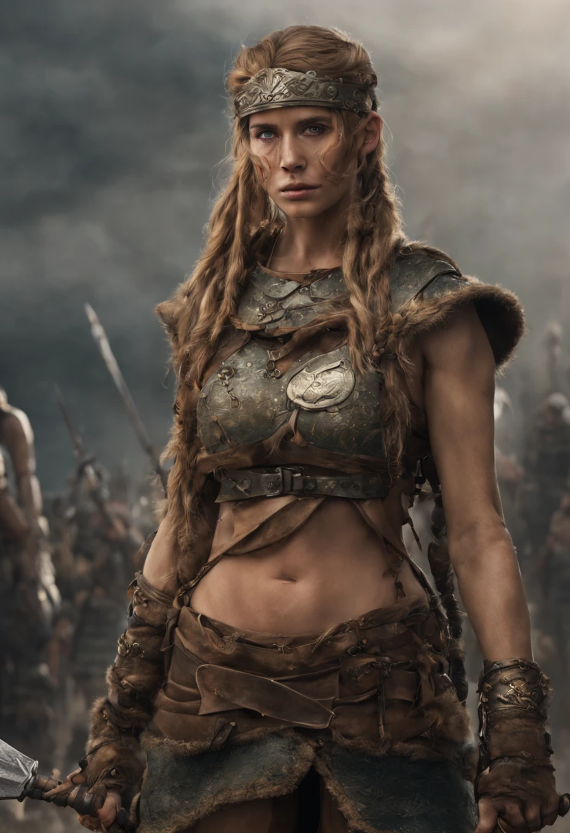 (cuerpo completo), guerrera vikinga, bellisima de ojos verdosos, con sus trenzas rubias largas, su casco de hierro y su correaje y protectores de metal, que dejan entrever un vestido sucio y rasgado con su minifalda sexy, por el fragor de la batalla, Stands in war zone on dynamic walking with frowning, iluminacion de la hora dorada, (intrincados detalles de la maquina).imagen fotorrealista,nitidez maxima, calidad 8k.(obra maestra de calidad superior).