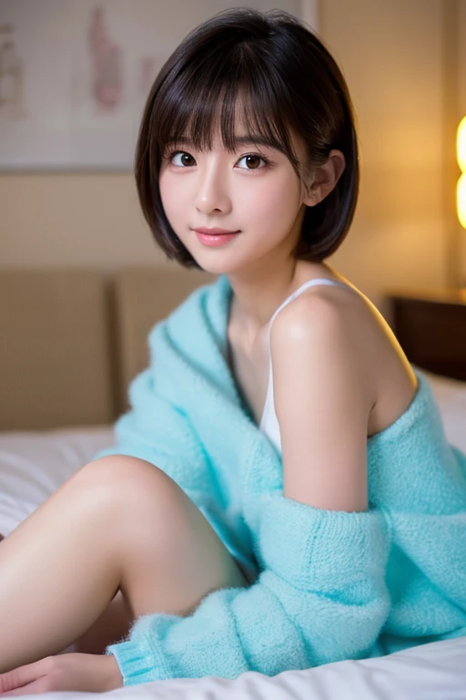 masterpiece, highest quality, 8K, super dense skin, perfect anatomy, look over one shoulder,Upper body, cold, cute, 1 girl, colorful short hair,straight hair,oily shiny skin,White pajamas,fluffy,on the bed,18-year-old,on the bed,piece,looking at the viewer,sharp focus,cute笑顔,devilish,detailed face,highly detailed eyes,
