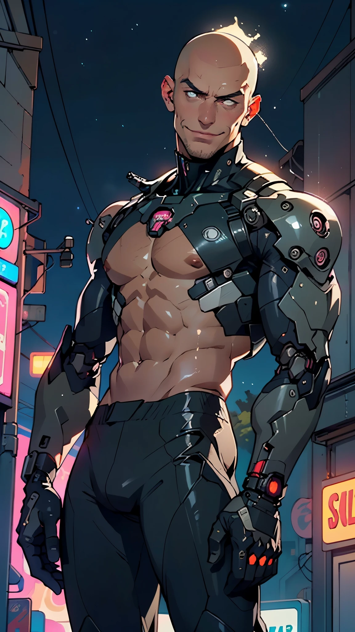 man:1.5,1 man,cyborg man,(1man),((one eyepatch, pirate man, cyborg, robotic arm, bald head)),
(((1male,handsome man,male,male gender:1.5,male focus))),macho man,
(((lustrous skin:1.5,tanned skin,bright skin: 1.5,skin tanned,shiny skin,very shiny skin,shiny body,illuminated skin))),man chest,((muscular)),(((detailed face))),
nsfw,
(((bare chest))),red pants,((bulge in pants)),((cyborg outfit)),((wet clothes,intricate outfit,intricate clothes)),
(dynamic pose:1.0),solo focus,((evil smile,evil look)),(centered,scale to fit dimensions,Rule of thirds),
cyberpunk city by the ocean at night, with bright neon signs and dark stormy clouds and puddles, scenery:1.25,nighttime, starry night, cosmos,Very dark night that makes the neon lights stand out, very bright neon lights,nighttime, starry night, cosmos,
artistic photography,(photography taken by sldr),highres, sharp focus, (ultra detailed, extremely detailed), (photorealistic artwork:1.37),(extremely detailed CG unity 8k wallpaper),((synthwave background theme)),(((vibrant colors))),(intricate background),(masterpiece),(best quality)