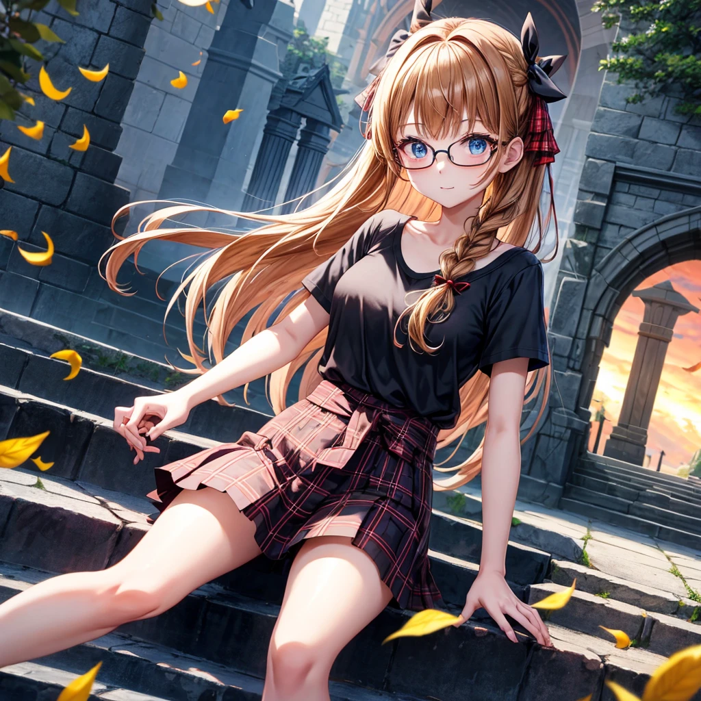 black brown hair、Red-blonde、blue eyes、Braid、one good looking girl、solo、anime、Plaid miniskirt、camisole、black t-shirt、Tilting your face、Doing the ribbon、Ribbon at waist、sunset sky、stone stairs、petal、tunnel、Fallen leaves、wearing glasses、、Burning、Light and shadow、maze、balloon、monster castle、lanthanum