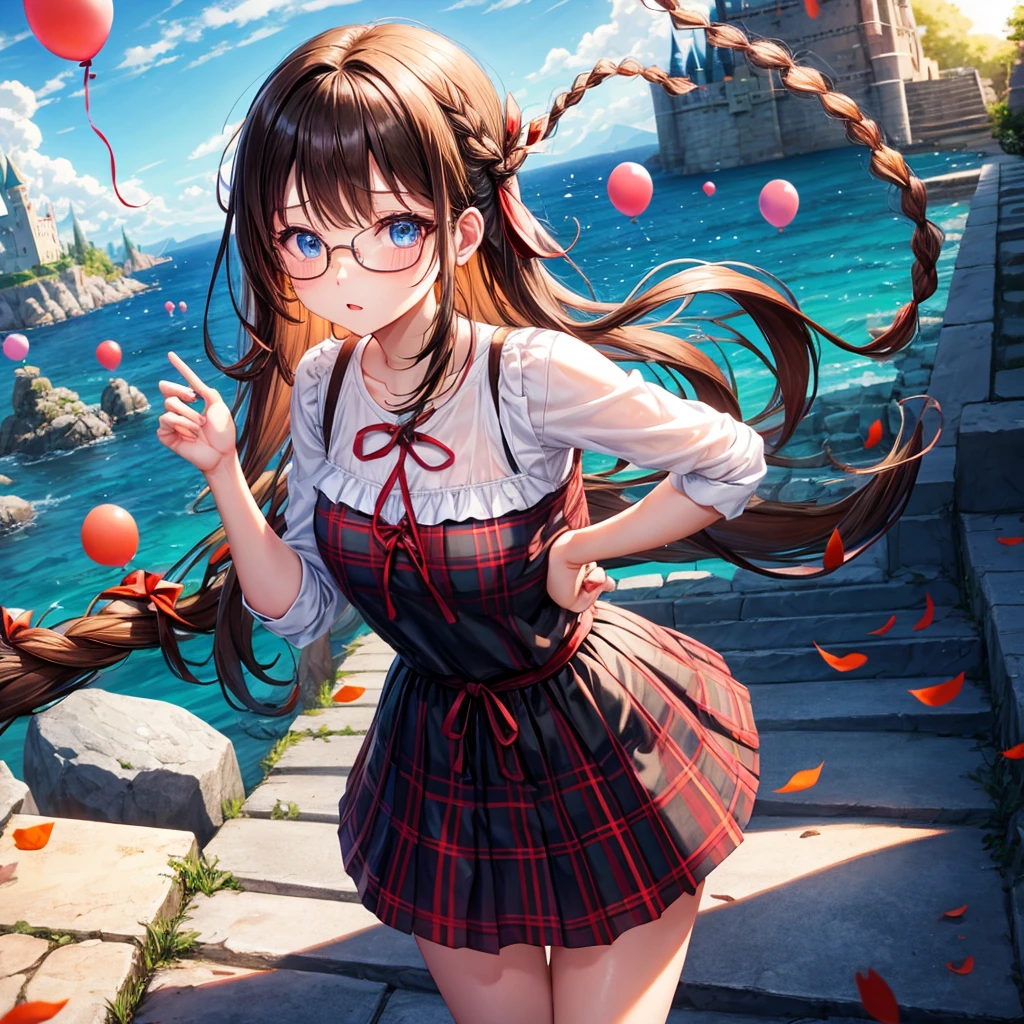 black brown hair、Red-blonde、blue eyes、Braid、one good looking girl、solo、anime、Plaid miniskirt、camisole、black t-shirt、Tilting your face、Doing the ribbon、Ribbon at waist、sunset sky、stone stairs、petal、tunnel、Fallen leaves、wearing glasses、、Burning、Light and shadow、maze、balloon、monster castle、lanthanum