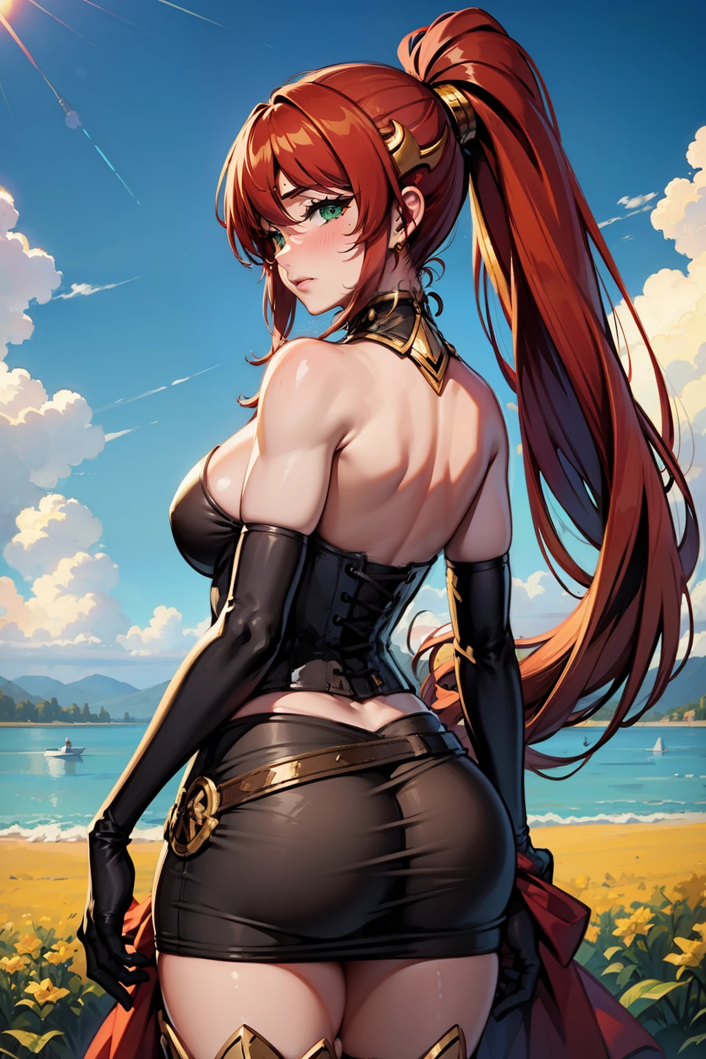 (masterpiece, best quality, ultra-detailed), PyrrhaNikos, green eyes, red hair, ponytail, long hair, sidelocks, gold jewels, armor, brown corset, skirt, headband, collar, gloves, (black arm band:1.2), glove, belt with red clothe, leg sheaths, boots, standing, from behind, big ass, looking at viewer, naughty face, blush, outdoors