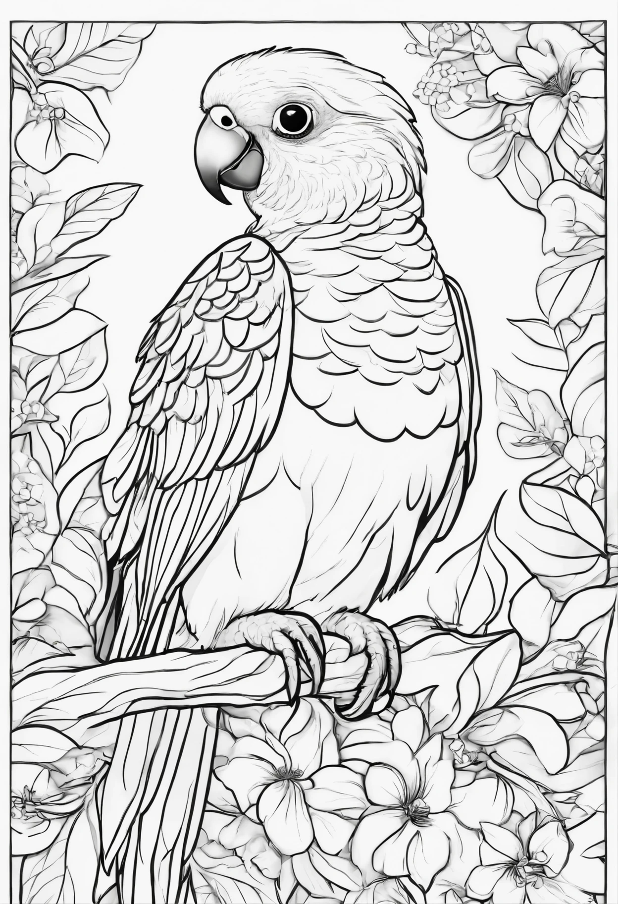 Generate black and white coloring pages of cute cartoon-style Sun Conure no color with low detail, no shading, no shadows, no background, and no borders.
