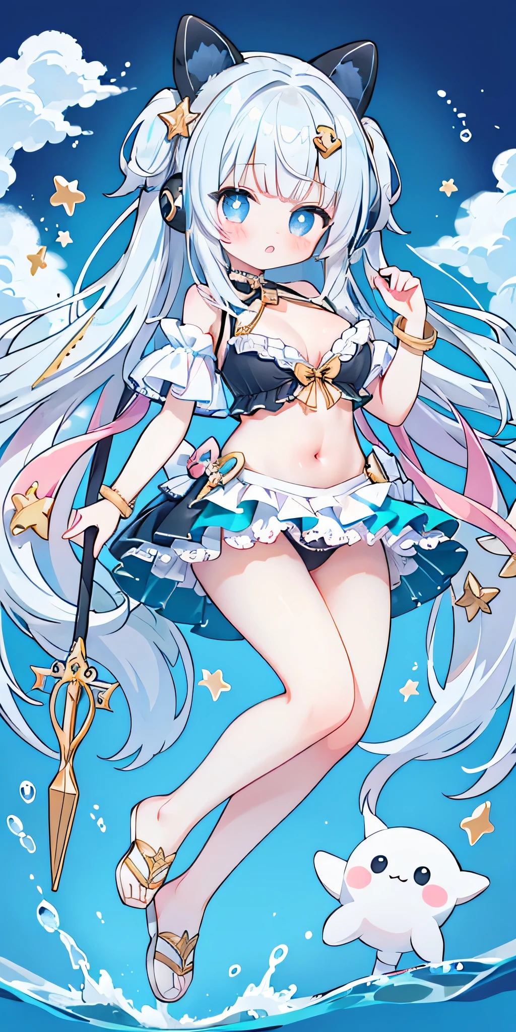 Whole BodyEsbian、Standing picture,full-body shot,a girl,((((white or black pantyhose))))、((Wear sneakers)),blue swimsuit bikini,seabed,dolphin,shell,Crab,an octopus,treasure chests,beach,There is a pair of large wings behind him,There are many ornaments hanging on the body,Trident in hand,jewelry,Blue and white hair,short sleeves,Off the shoulders,There is a gem inlaid on the forehead,blue bow,Swimming rings,heterochromatic pupils,Double tail,shy,blush,,masterpiece,Top image quality,top quality,A big gem is embedded in the chest,super long hair,animal ears,white hair,exquisite eyes、beautiful girl、Plump cheeks,ribbon、kawaii、、leg rings,with headphones,cute big breasts,