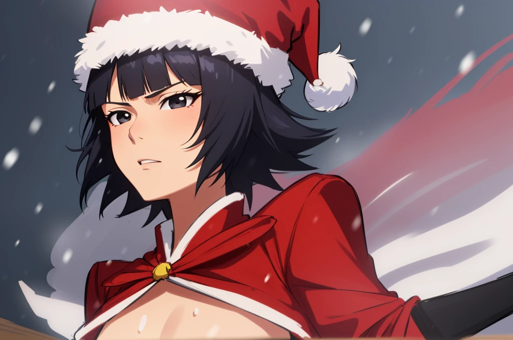 ultra-realistic 8k CG, masterpiece, ((ultra-detailed background, expressive eyes, fine drawing, intricate details, high detail, better quality fine details, hyper-detailed face)), (photorealistic: 1.4), beautiful lighting, RAW photo, film grain, soi fon, 1girl, solo, ((dark black hair, short hair)), ((dark black eyes)), black irises, makeup, side strands, (( slim girl)), ((detailed background, inside, dim lighting, moody lighting, snowy outdoor, north pole)), (intricately detailed full-body shot)), ((intricately detailed face and character)), sweating, detailed face, beautiful face, sharp stern features, petite, thin, skinny, kubo tito, kubo tito (style), bleach (manga), bleach manga style, asian eyes, inspired by Kusumi Morikage, toned, small breasts, toned, long slender legs, thin legs,  ((sexy santa claus outfit, red coat, santa hat, red outfit))