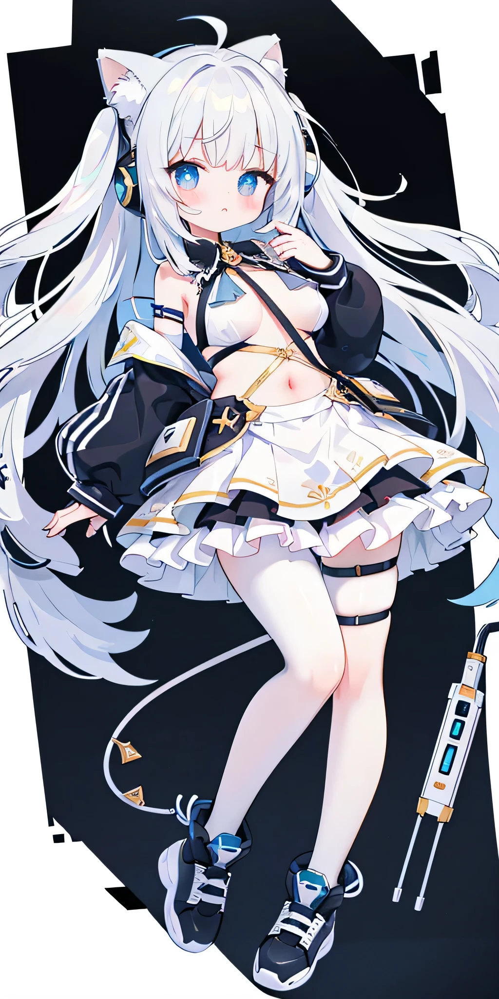 top quality，masterpiece，intricate details，super detailed，Highly detailed 8K wallpapers，machine girl，（mechanical eyes），machine limbs，（removed mechanical limbs），The lower body is fully mechanized，working arm，cable connected to the head，cable connected to body，electronic circuit，factory，(white or black  pantyhose),（CG illustration）、（（Extremely refined and beautiful））、（cute and delicate face),Bikini swimsuit，Blue and white hair，short sleeves，Off the shoulders，There is a gem inlaid on the forehead，blue bow，Swimming rings，heterochromatic pupils，Double tail，shy，blush，，masterpiece，Top image quality，top quality，A big gem is embedded in the chest，super long hair，animal ears，white hair，exquisite eyes、beautiful girl、Plump cheeks，ribbon、kawaii、loli、leg rings，with headphones，cute big breasts，（（Wear sneakers））