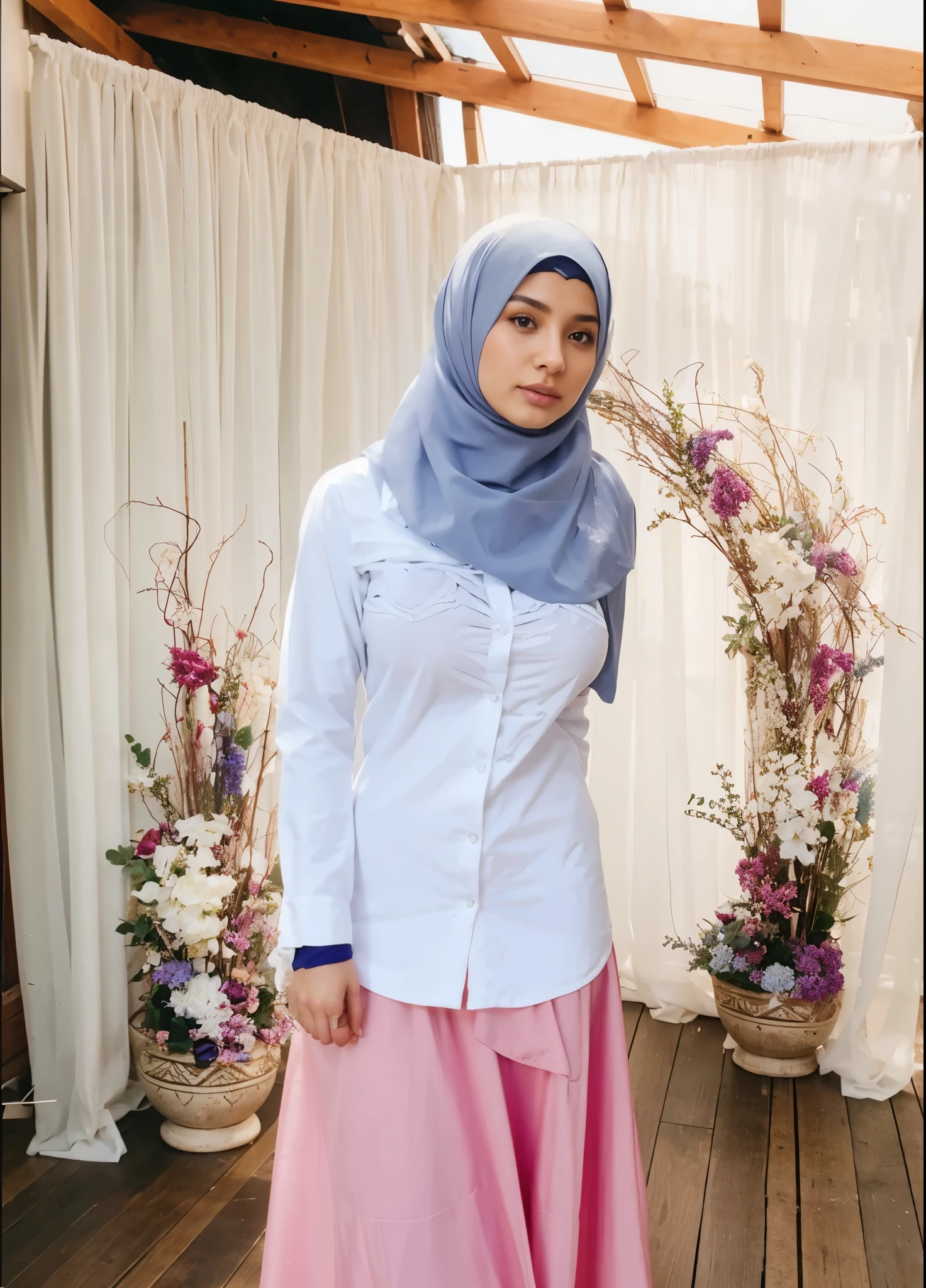 Realistic hijab big breasts wearing bra blue