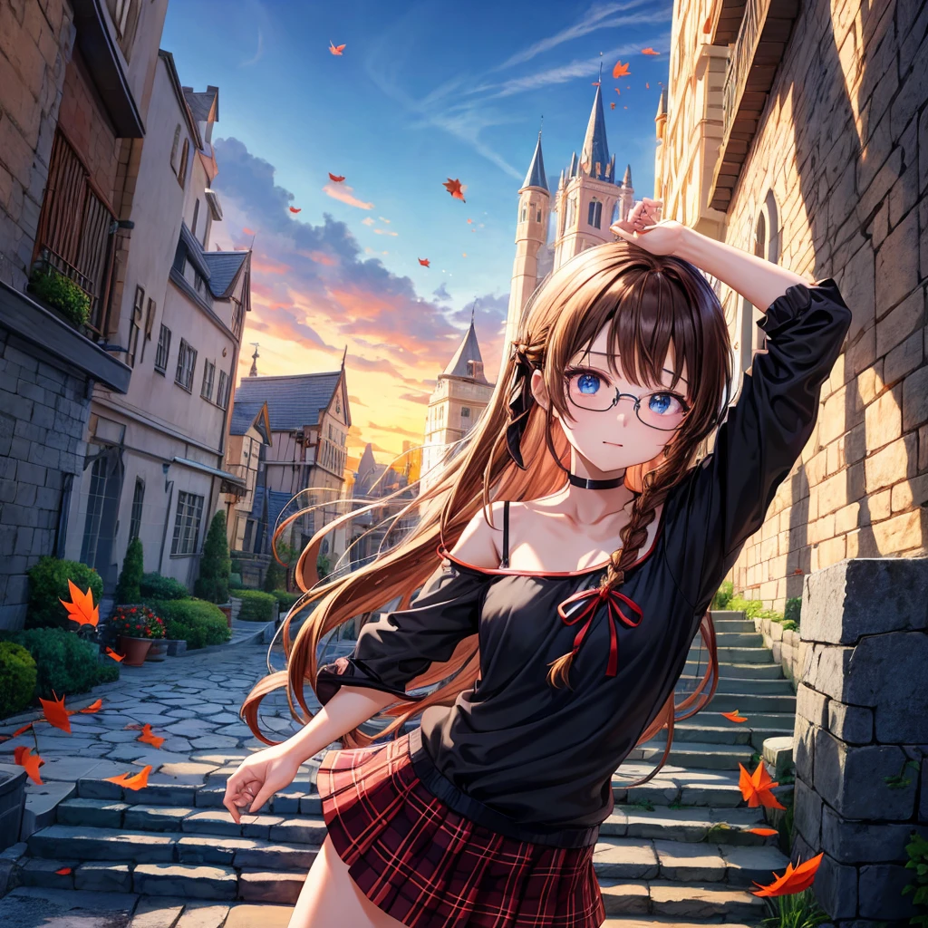 black brown hair、Red-blonde、blue eyes、Braid、one good looking girl、solo、anime、Plaid miniskirt、camisole、black t-shirt、Tilting your face、Doing the ribbon、Ribbon at waist、sunset sky、stone stairs、petal、tunnel、Fallen leaves、wearing glasses、、Burning、Light and shadow、maze、balloon、monster castle、lanthanum、corridor