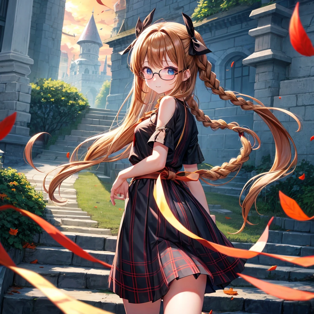 black brown hair、Red-blonde、blue eyes、Braid、one good looking girl、solo、anime、Plaid miniskirt、camisole、black t-shirt、Tilting your face、Doing the ribbon、Ribbon at waist、sunset sky、stone stairs、petal、tunnel、Fallen leaves、wearing glasses、、Burning、Light and shadow、maze、balloon、monster castle、lanthanum、corridor