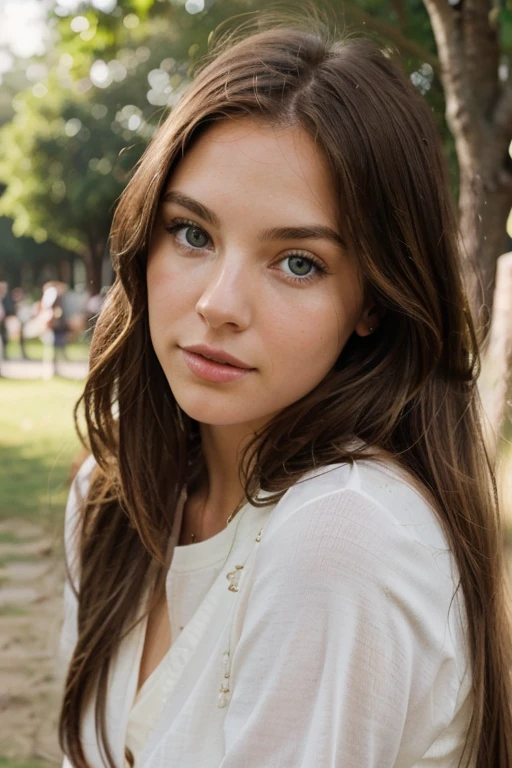 A photorealistic portrait of a 25-year-old American girl with long, flowing brown hair and blue eyes. She should have a natural, approachable expression and be illuminated by soft, golden-hour sunlight. The background should be a scenic outdoor setting, perhaps a sunlit park or beach. Capture this image with a high-resolution photograph using an 85mm lens for a flattering perspective