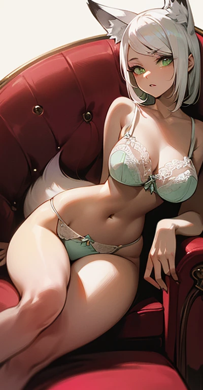 (((Fox woman))),(((Hyper detailed green eyes))),(((White hair))),(((Lawd expression))),((Sitting in an armchair)),(((Using lingerie))),(Body with full chest, thin waist and curves)))