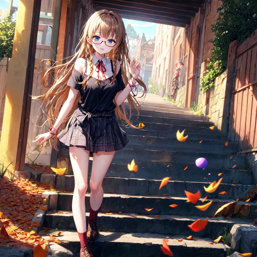 black brown hair、Red-blonde、blue eyes、Braid、one good looking girl、solo、anime、Plaid miniskirt、camisole、black t-shirt、Tilting your face、Doing the ribbon、Ribbon at waist、sunset sky、stone stairs、petal、tunnel、Fallen leaves、wearing glasses、Burning、Light and shadow、maze、balloon、monster castle、lanthanum、corridor、knee high