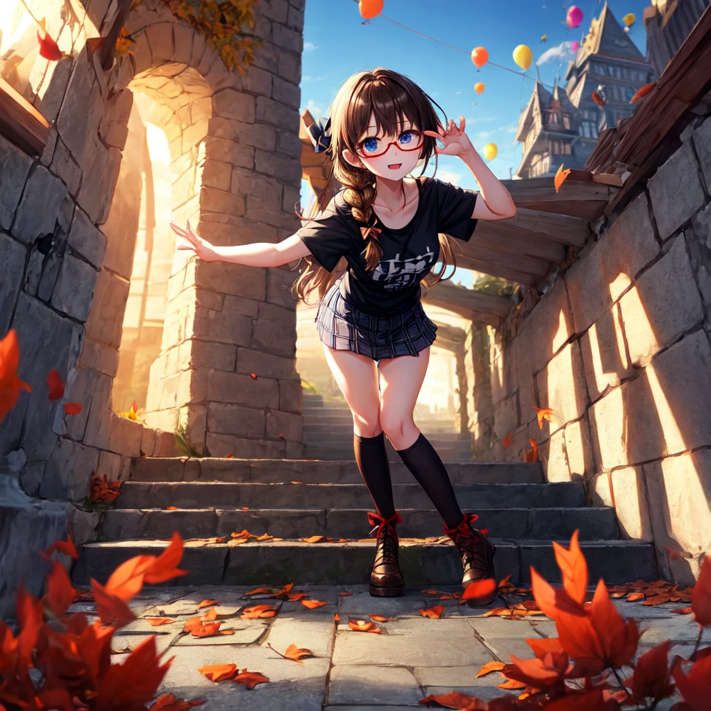 black brown hair、Red-blonde、blue eyes、Braid、one good looking girl、solo、anime、Plaid miniskirt、camisole、black t-shirt、Tilting your face、Doing the ribbon、Ribbon at waist、sunset sky、stone stairs、petal、tunnel、Fallen leaves、wearing glasses、Burning、Light and shadow、maze、balloon、monster castle、lanthanum、corridor、knee high