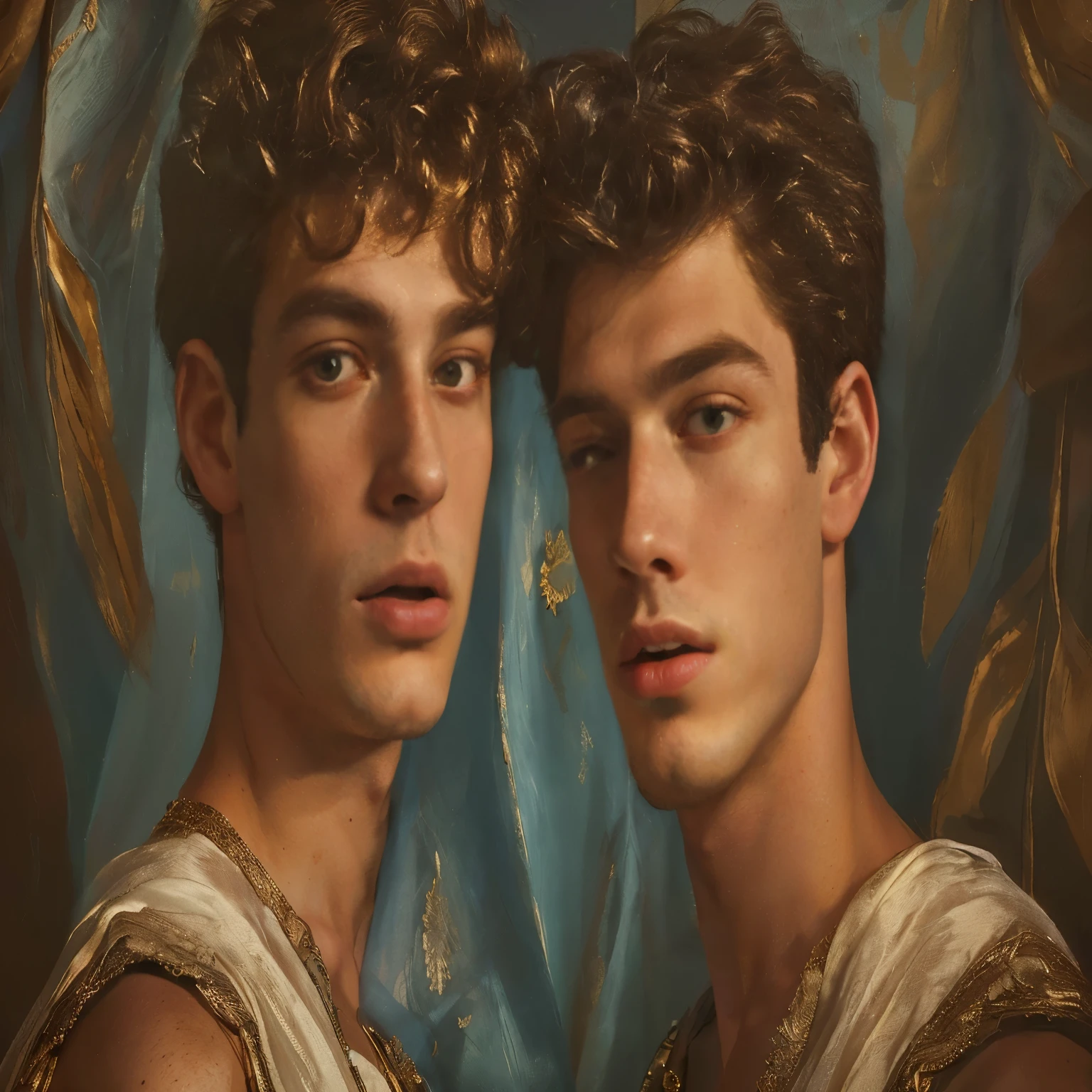 there are two young men in a painting of a man and a woman, beautiful gemini twins portrait, beautiful male twins portrait, anton, two young men, mert and marcus, tom bagshaw and tom richmond, dolce & gabbana campaign, inspired by Dino Valls, renaissance digital painting, luca, in style of sandro botticelli, mert alas and marcus piggott