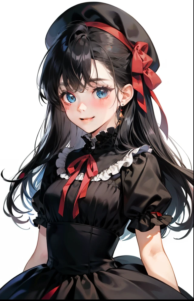 girl、white background、no background、black hair、long hair、long hair、Contrasting bangs、black dress、black dress、red ribbon、frills、beret、赤いberetを被っている、blush、smile、cute、no background