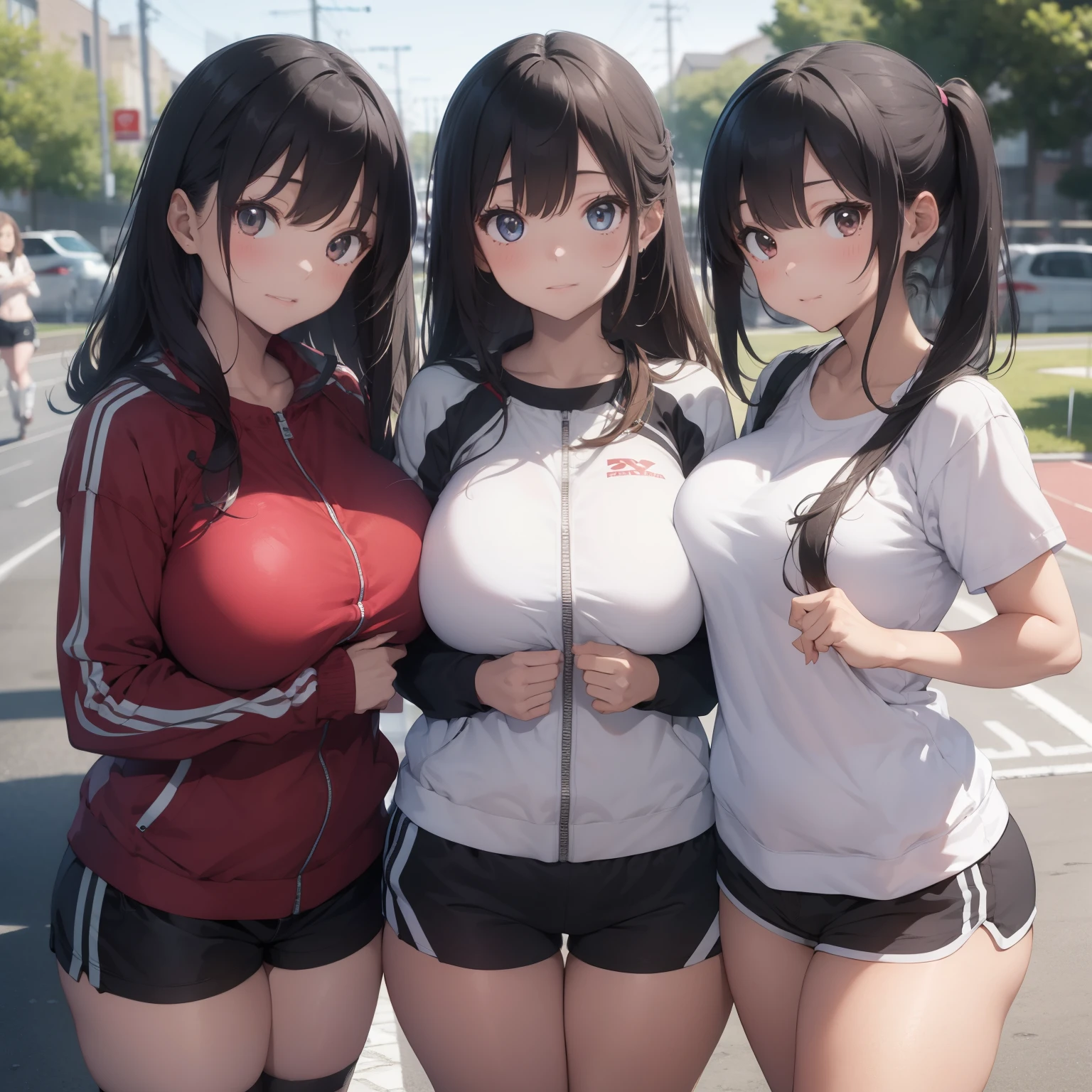 masterpiece, best quality, 3girls, track suit, outdoors, shorts, ((huge breasts, thick thighs)),