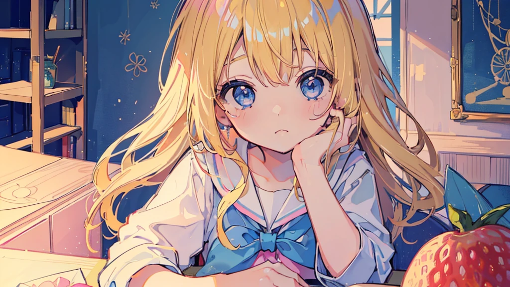 (1 girl, blonde hair, blue eyes, sailor suit, kawaii), (juices and various fruits on the desk, room with light blue and pink wallpaper)