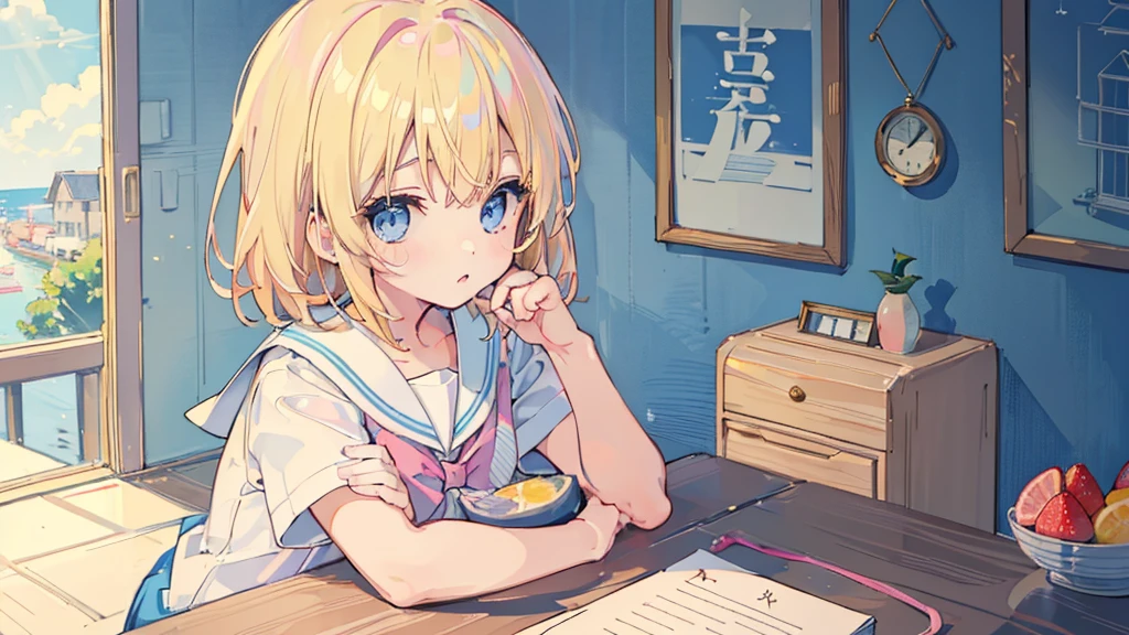 (1 girl, blonde hair, blue eyes, sailor suit, kawaii), (juices and various fruits on the desk, room with light blue and pink wallpaper)
