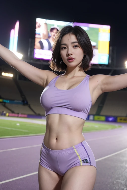 (The highest image quality:1.35), High quality, Realistic Photos, (One beautiful woman:1.33), Beautiful expression, (A detailed eye:1.3), (beautidful eyes:1.3), (A detailed face:1.3), smil, (Lustrous hair:1.2), (Black head hair:1.3), (muscular body:1.2), Super Detail, High resolution, Sporty physique, (Large breasts:1.25), (Shorthair:1.2), (Beautiful woman), (Cute navel:1.2), (Depth of field f/1.2:1.45), Sharp Focus, Raw photo, (Light purple bloomers for sprinters:1.45), (Lilac sports bra for sprinters:1.4), (light purple track bloomers:1.4), (lilac athletic sports bra:1.4), (Open your arms:1.4), (Strong thighs:1.6), (beautiful thigh:1.7), (Turn your face to the front:1.25), (cowboy shot:1.5), (Athletics stadium at night:1.4), (dark sky:1.5),