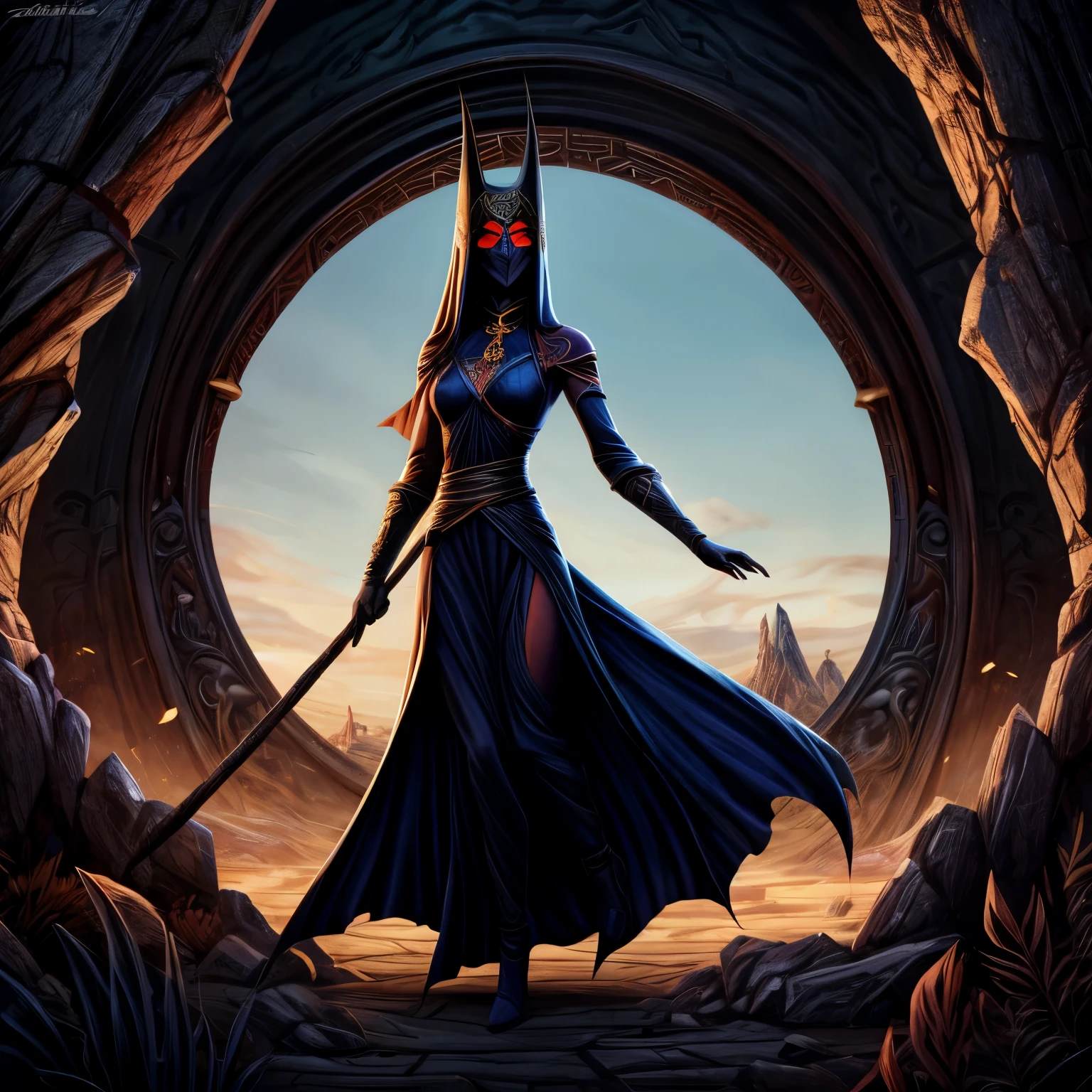 1 garota, com pernas finas e longas, long arms, vestido preto, in each hand a war ax , ao fundo um deserto a noite, the girl wears a Chinese ceramic mask covering her face, perigoso, sobrenatural, soul hunter for the devil, morte , Slender Man, fantasia, cabelos longos.