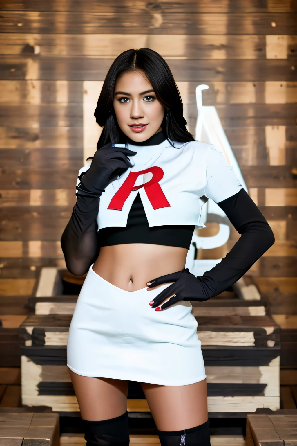 Realistic portrait of a beautiful k4t3upt0n woman wearing team rocket,team rocket uniform,white skirt,red letter R,crop top,black thigh-highs,black elbow gloves,