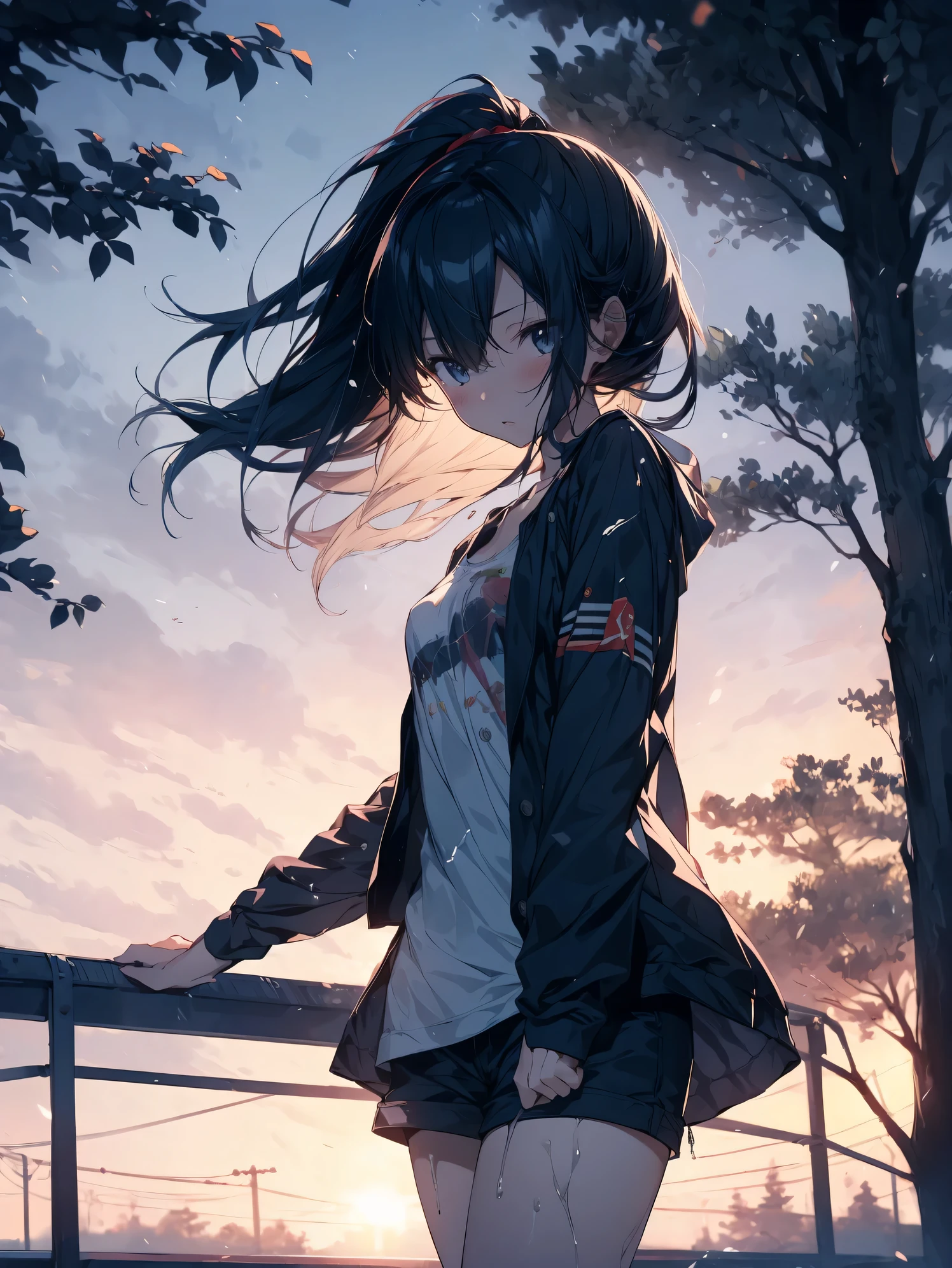 Super high quality by the art god, super detailed, High resolution, Shinkai Makoto style,  anime moe art style, best anime 8k konachan wallpaper, pixiv contest winner, perfect anatomy,break,(NSFW,雨にWet透け感のある服を着た女の子の絵を描いてください, take shelter in the shade of a tree.),break,1 girl,cute,(loli face,alone,I&#39;m 11 years old:1.3),Middle school students, ponytail,All limbs,full finger,flat chest, small ass, androgynous charm, small eyes,beautiful detailed black eyes,between legs,((see through tank top,shorts:1.2)),((Wet,I can see the nipples:1.5)), blush, Rain, in the park at night,break,super dense skin,shiny skin,Best lighting by famous artists, 8K,cuteイラスト.
