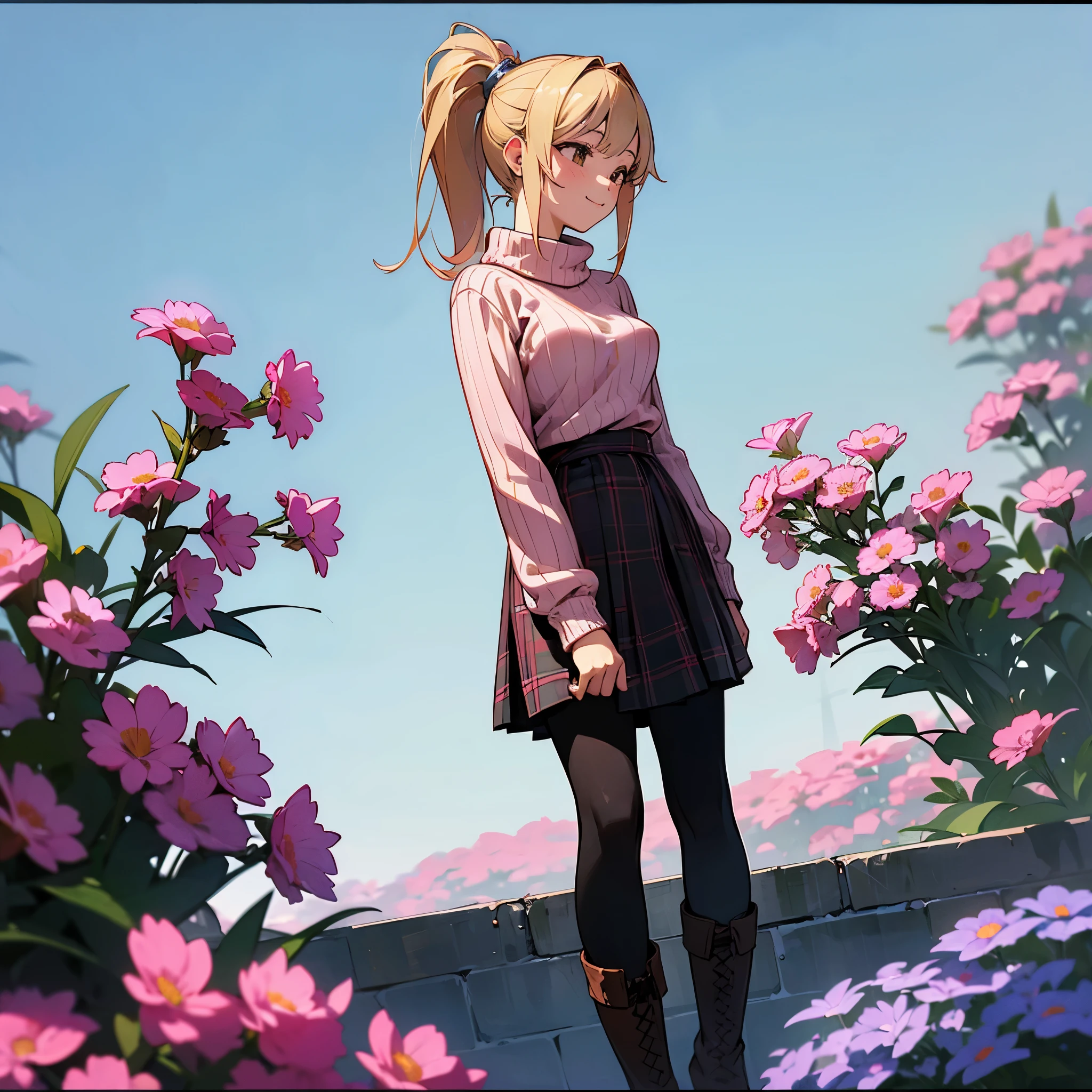 (high quality, high resolution, Super detailed, Reality:1.37), peaceful atmosphere, (outdoor, garden), girl standing alone, (My breasts are big.), Beautiful detailed features, cute smile, (Blonde ponytail), ribbed sweater, blue plaid skirt, Black tights, brown boots.