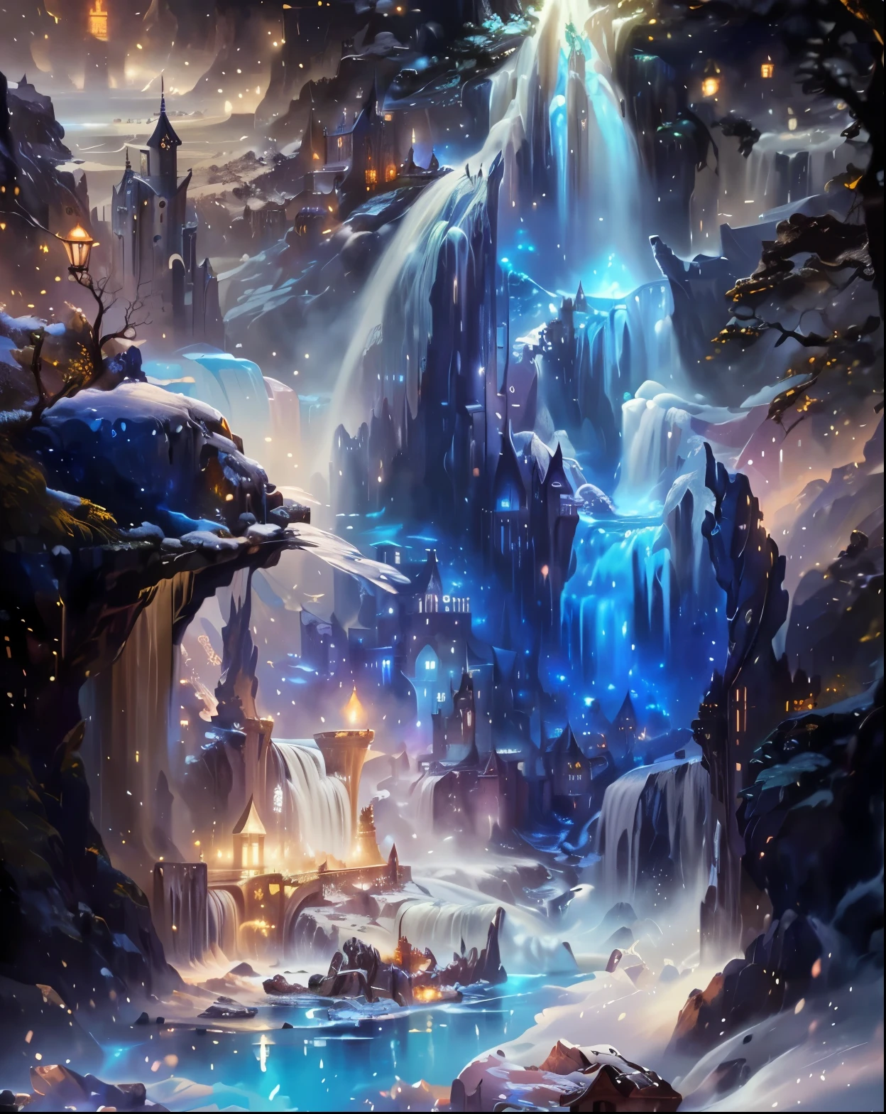 a painting of a waterfall with a castle in the middle of it, detailed fantasy digital art, 4k highly detailed digital art, magic fantasy highly detailed, highly detailed fantasy art, beautiful detailed fantasy, detailed fantasy art, fantasy highly detailed, closeup fantasy with water magic, 4 k detail fantasy, 4k detailed digital art, beautiful art uhd 4 k, detailed fantasy illustration