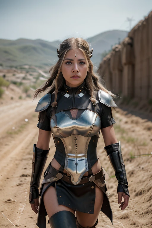 (cuerpo completo), guerrera vikinga, bellisima de ojos verdosos, con sus trenzas rubias largas, su casco de hierro y su correaje y protectores de metal, que dejan entrever un vestido sucio y rasgado con su minifalda sexy, por el fragor de la batalla, Stands in war zone on dynamic walking with frowning, iluminacion de la hora dorada, (intrincados detalles de la maquina).imagen fotorrealista,nitidez maxima, calidad 8k.(obra maestra de calidad superior).