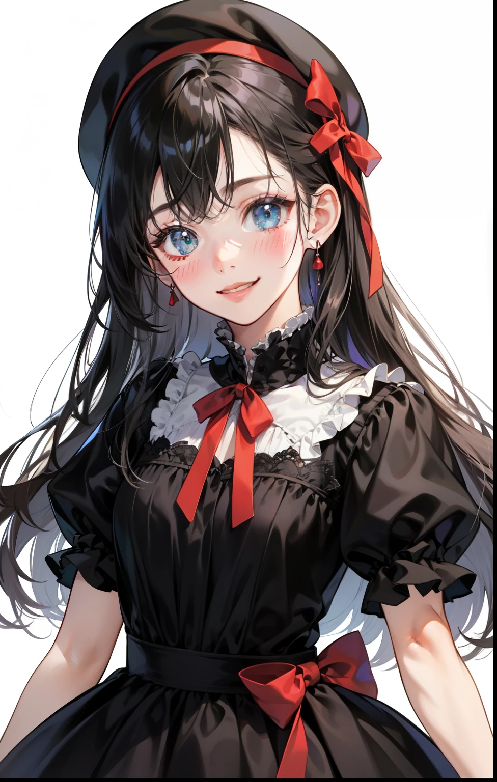 girl、white background、no background、black hair、long hair、long hair、Contrasting bangs、black dress、black dress、red ribbon、frills、beret、赤いberetを被っている、blush、smile、cute、no background