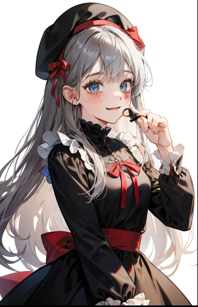 girl、white background、no background、gray hair、long hair、long hair、Contrasting bangs、black dress、black dress、red ribbon、frills、beret、赤いberetを被っている、blush、smile、cute、no background